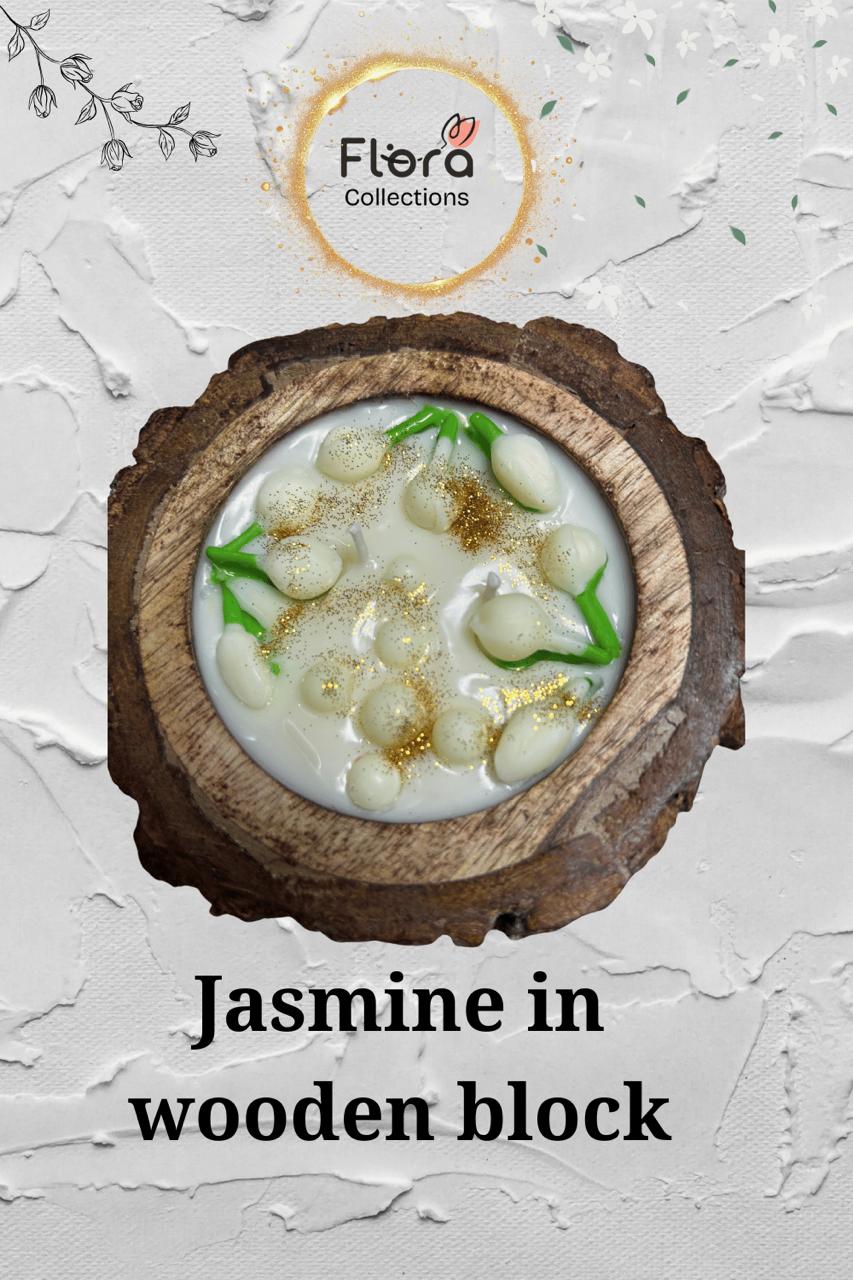 Jasmine Bud Wooden Block Candle – Pure Soy Wax with Handcrafted Floral Design