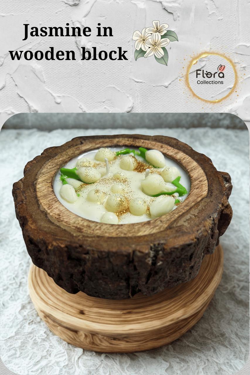 Jasmine Bud Wooden Block Candle – Pure Soy Wax with Handcrafted Floral Design