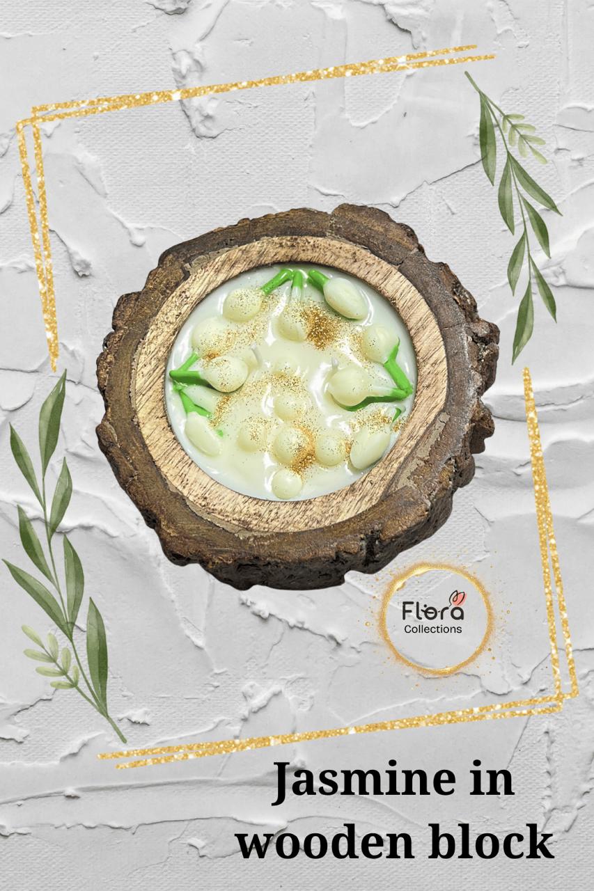 Jasmine Bud Wooden Block Candle – Pure Soy Wax with Handcrafted Floral Design